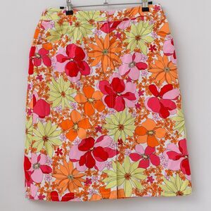 Talbots Colorful spring floral midi skirt orange red yellow flowers 10 pencil